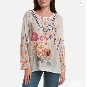 Johnny Was BIYA Charlize Silk Embroidered Crane Blouse White Floral Small Boho